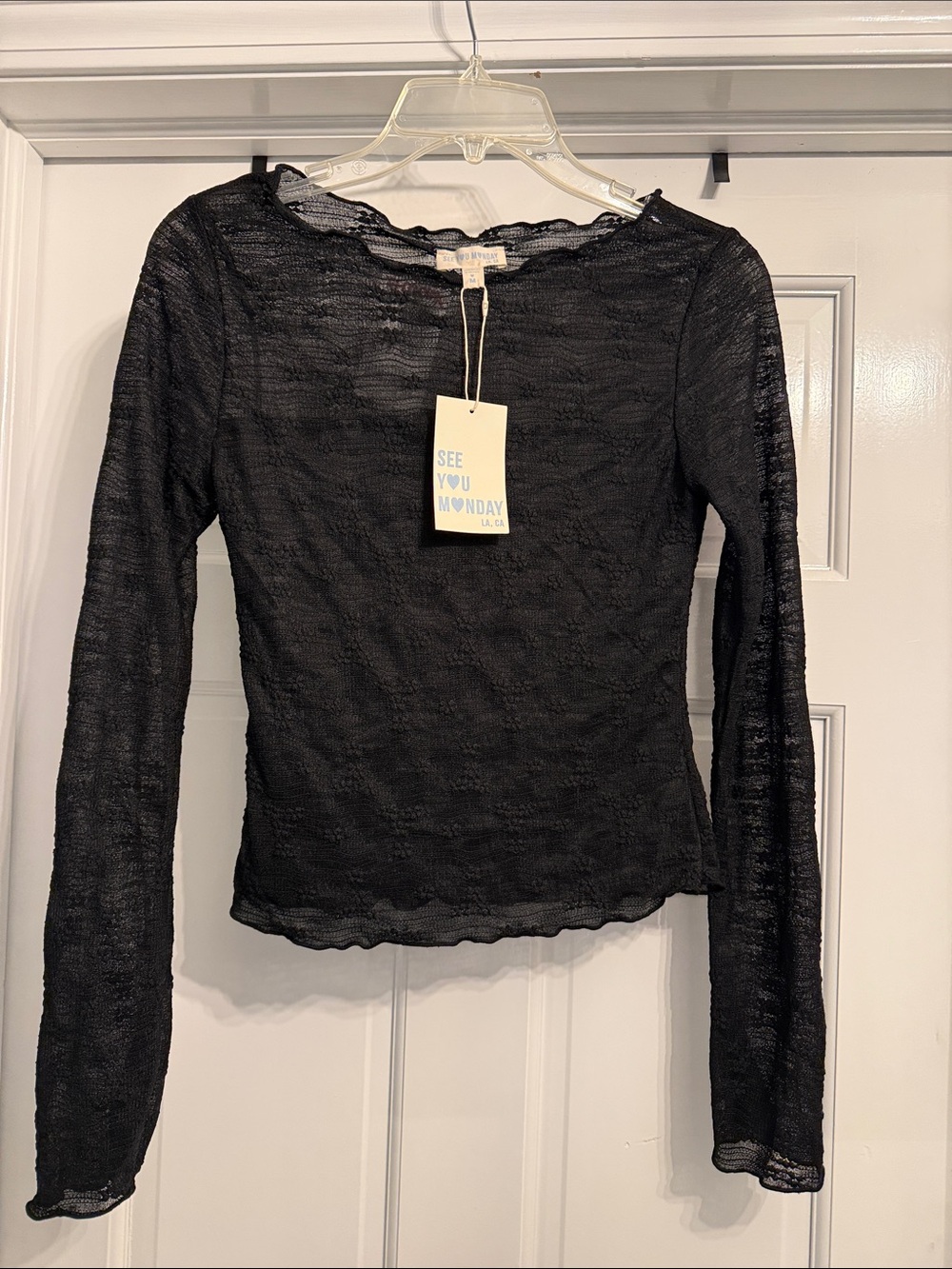 See You Monday Black Sheer Long Sleeve Ruffled Edge Top NWT size medium